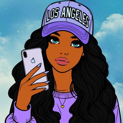 realistic beautiful girl wearing los ángeles cap holding an iphone