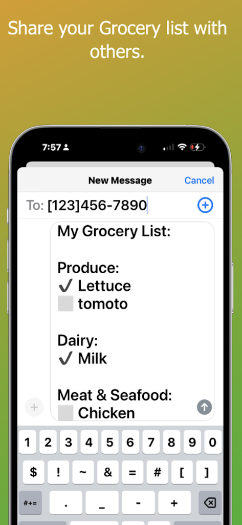 Grocy List - Screenshot der Grocy List App auf einem iPhone, der eine kategorisierte Einkaufsliste zeigt, die per SMS geteilt wird