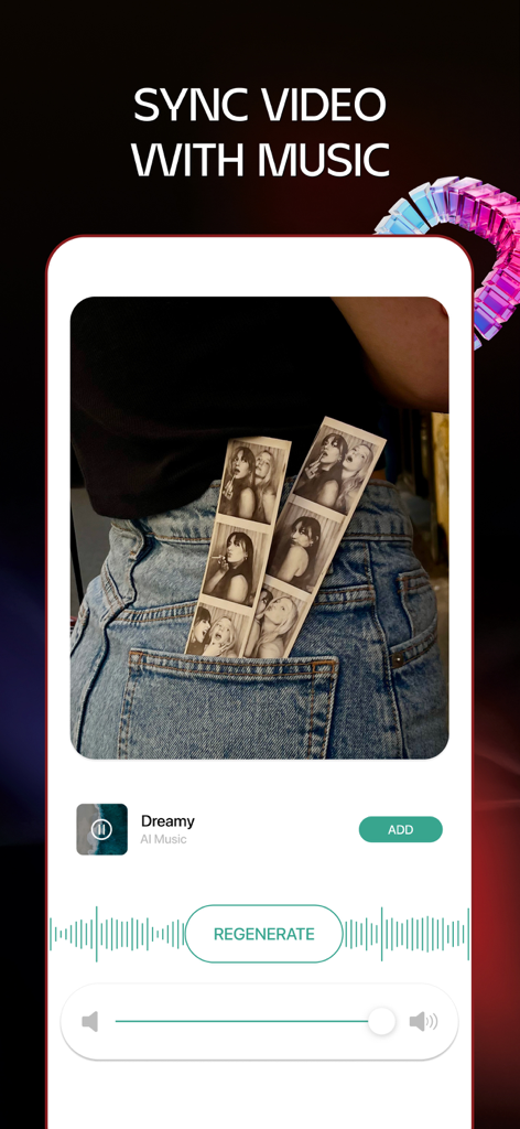 Interface montrant la fonction de l'application Lift pour synchroniser la vidéo avec la musique, y compris une forme d'onde audio et un bouton de régénération