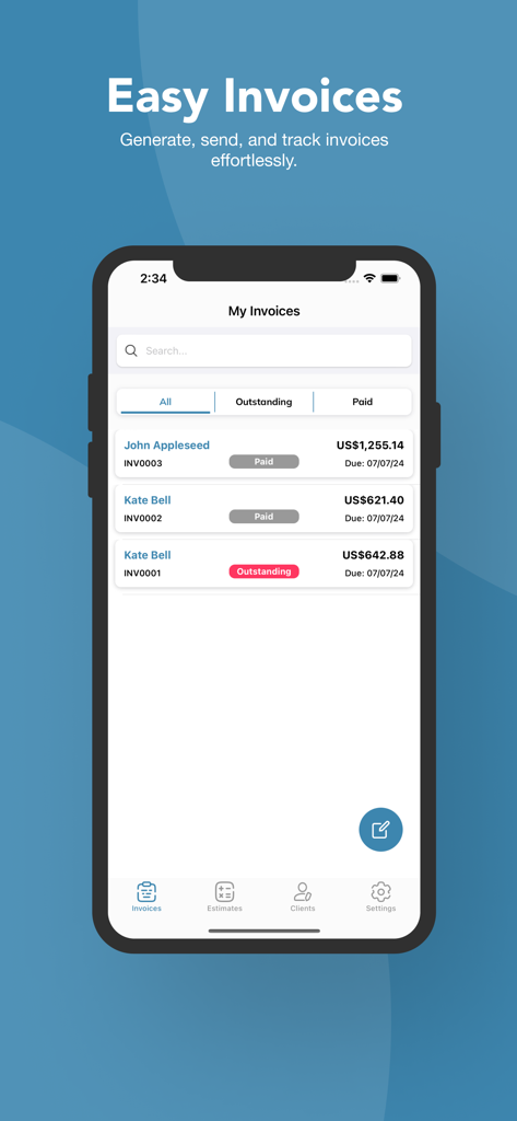 InvoiCraftの請求書管理画面のモバイルアプリインターフェース。支払い済みと未払いのステータスが表示されたビジネス請求書のリストが表示されます。
