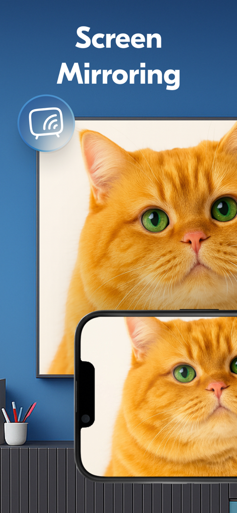 Screen Mirroring ‣ Cast to TV - An iPhone screen mirroring a high-quality photo of an orange cat to a large smart TV display