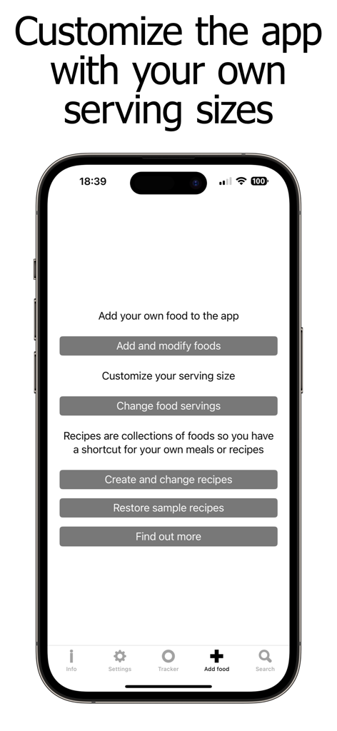 Potassium Counter app screen showing options to add and modify foods recipes and serving sizes