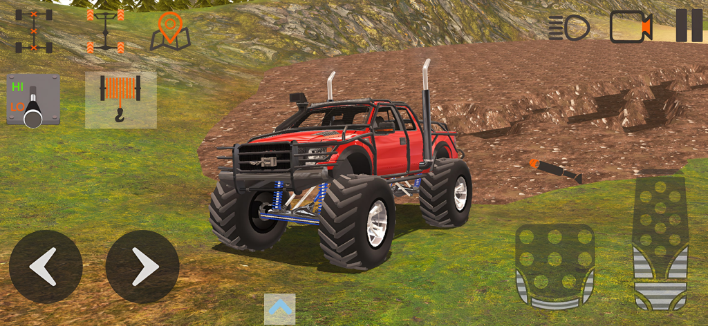 A red customized pickup truck with monster tires driving on a dirt hill in the Off-Road Kings simulation game