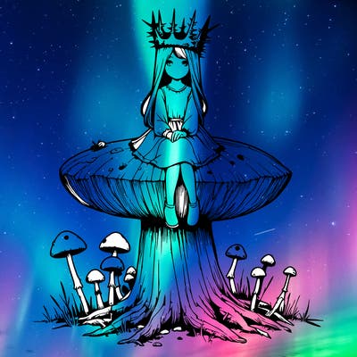realistic girl sitting on a huge tree stump size toadstool with thorn crown
