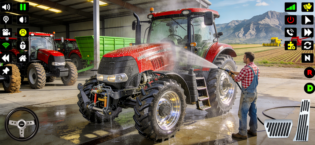 Farming Tractor Game Simulator - Farmer using a high pressure water hose to clean a large red tractor in a farm workshop
