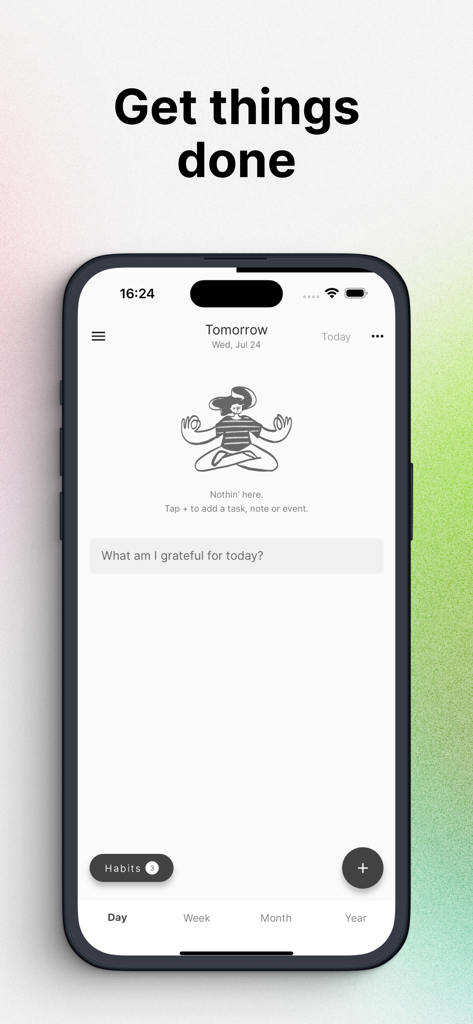 Interfaz minimalista de planificador diario con una indicación de gratitud e ilustración de yoga.