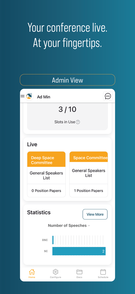 MUN Command admin dashboard showing live committee status and conference statistics
