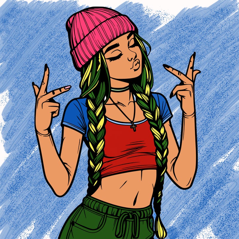 realistic teenage girl with braids and a beanie and crop top doing 🫶🏼