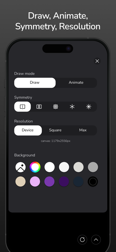 Flowpaper app interface showing settings for drawing mode symmetry resolution and background colors