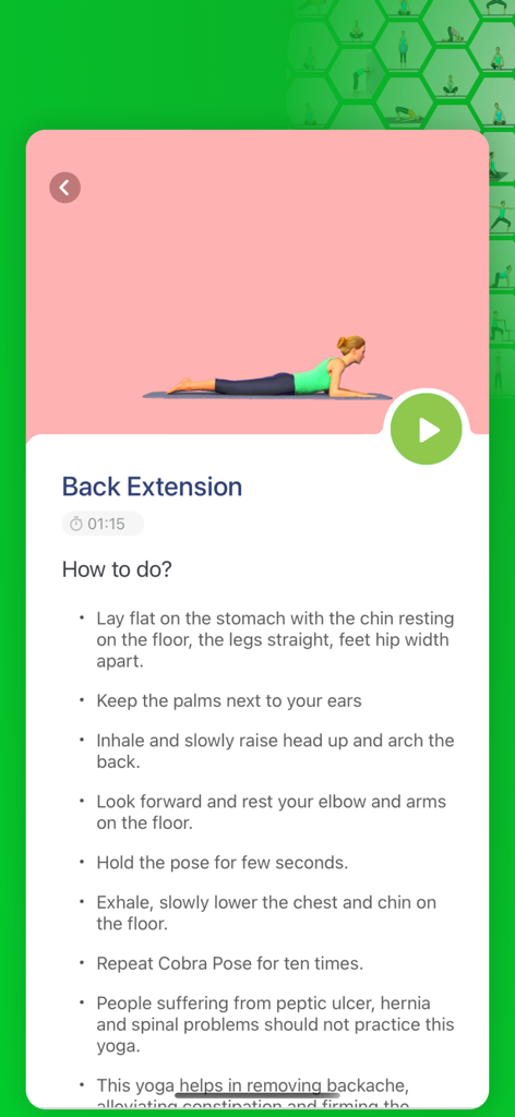 Seniors Yoga @ Graceful Aging - Step by step instructions for the Back Extension yoga pose on the Seniors Yoga app.