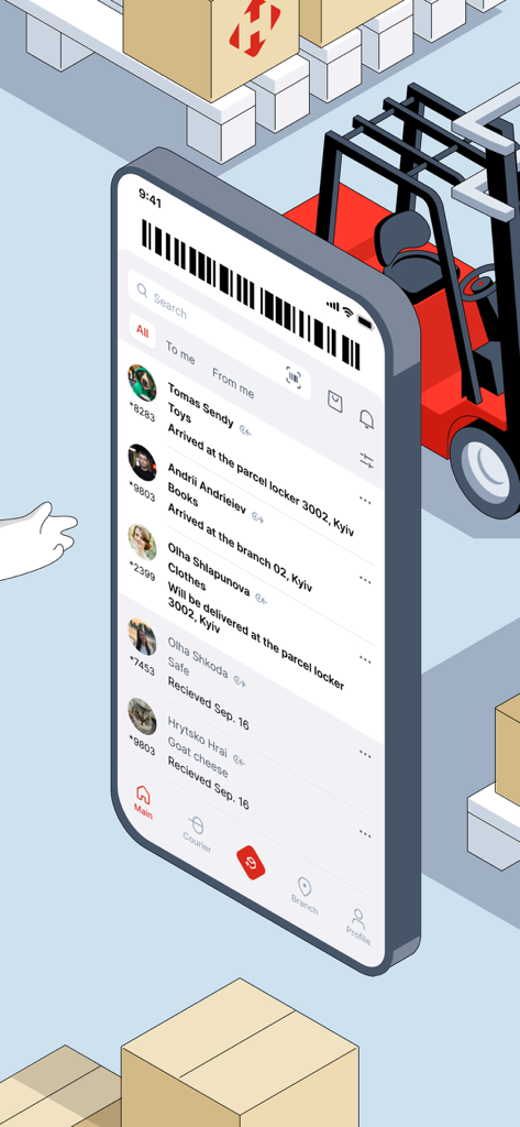 Nova Post - Nova Post app interface showing a list of tracked parcels with delivery statuses in a warehouse setting