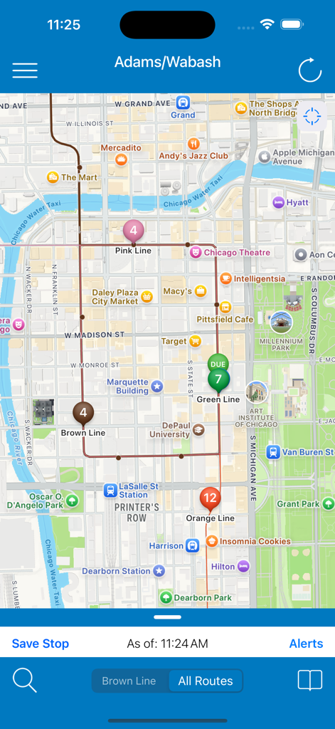 Transit Stop: CTA Tracker. - Real-time map view of Chicago CTA train locations and arrival times for the Loop area