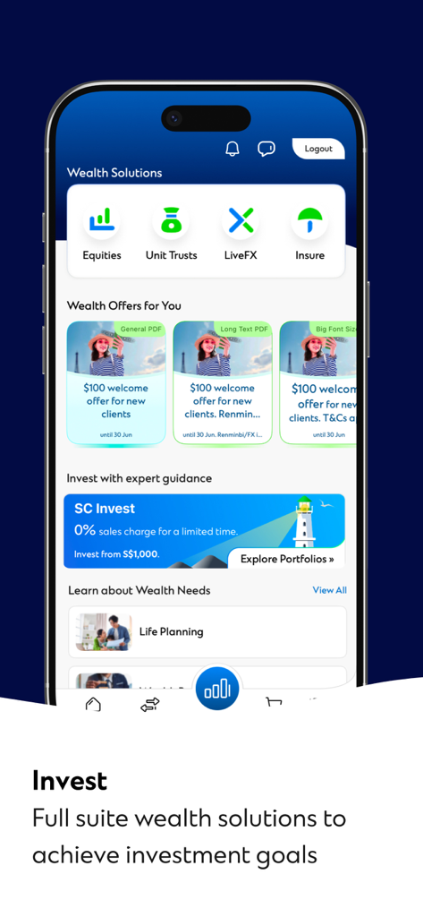 Standard Chartered Singapore mobile app wealth solutions screen with investment options and offers