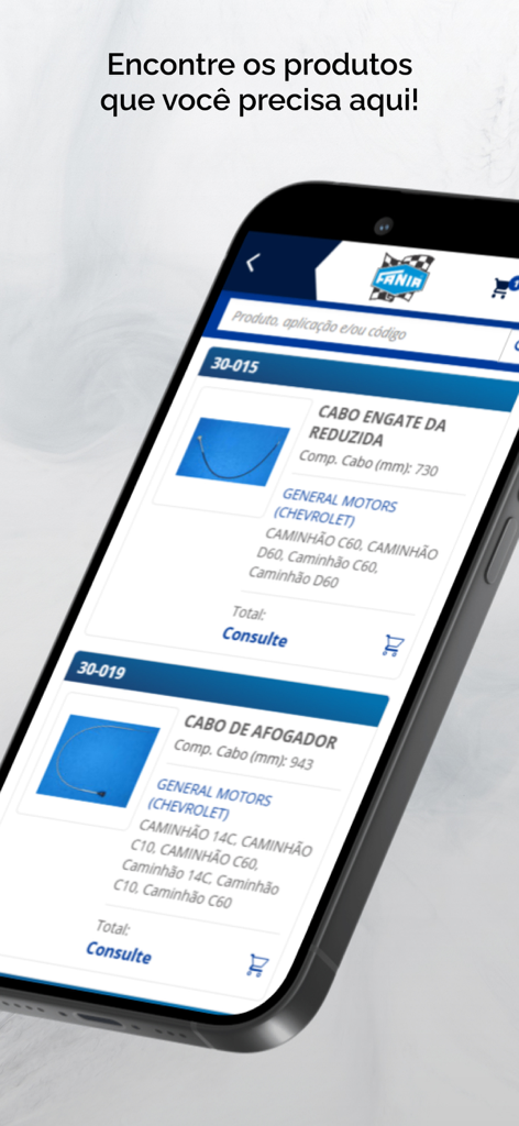 FANIA CABOS - Catálogo - Interface do aplicativo móvel Fania Cabos mostrando uma lista de cabos de comando automotivos com especificações técnicas e barra de pesquisa