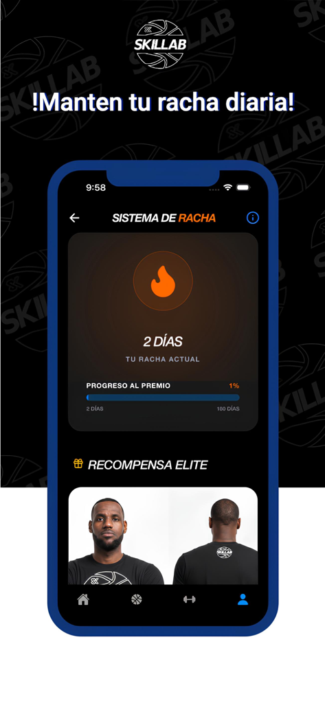 SKILLAB - Mobile app interface of SKILLAB showing a basketball training daily streak tracker and elite rewards
