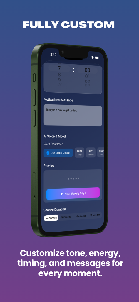 Customization screen of the Wakely alarm app showing options for motivational messages, AI voice characters, and snooze duration.
