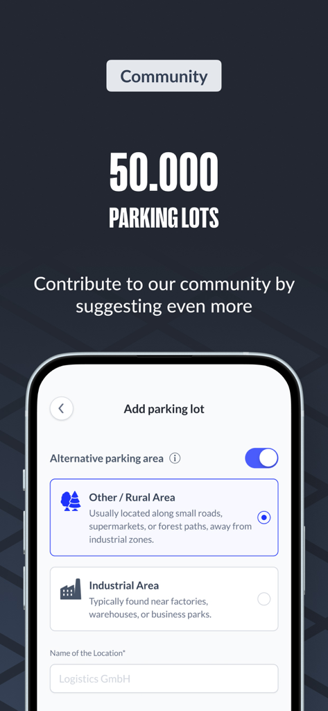 Interface of LKW.APP showing how users can contribute to the community by adding new truck parking lot locations