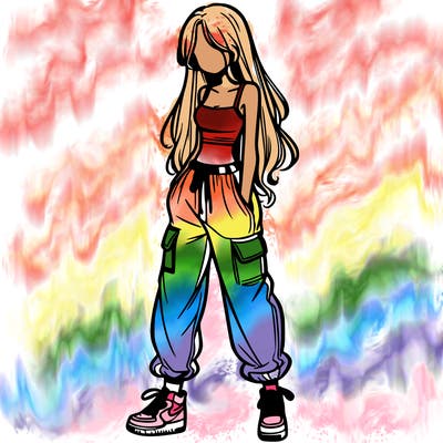 girl in baggy pants crop top and long hair