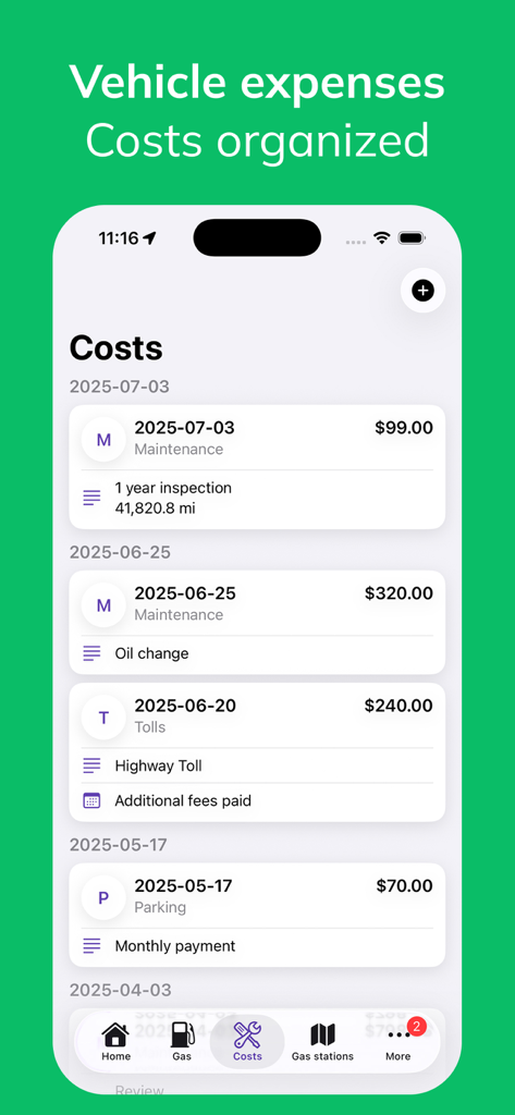 Fuelio - Gas Log & Mileage - A screenshot of the Fuelio app showing a chronological log of vehicle expenses including maintenance, oil changes, and tolls.