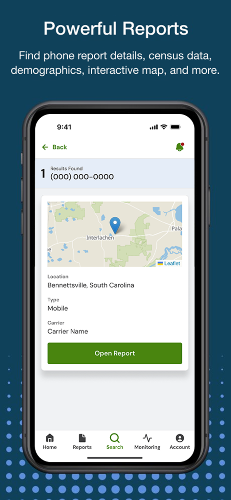 Intelius Search - Interfaz de la aplicación Intelius Search que muestra resultados de búsqueda inversa de teléfono con mapa de ubicación y detalles del operador