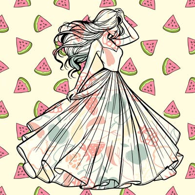 realistic woman with dress flowing in the wind