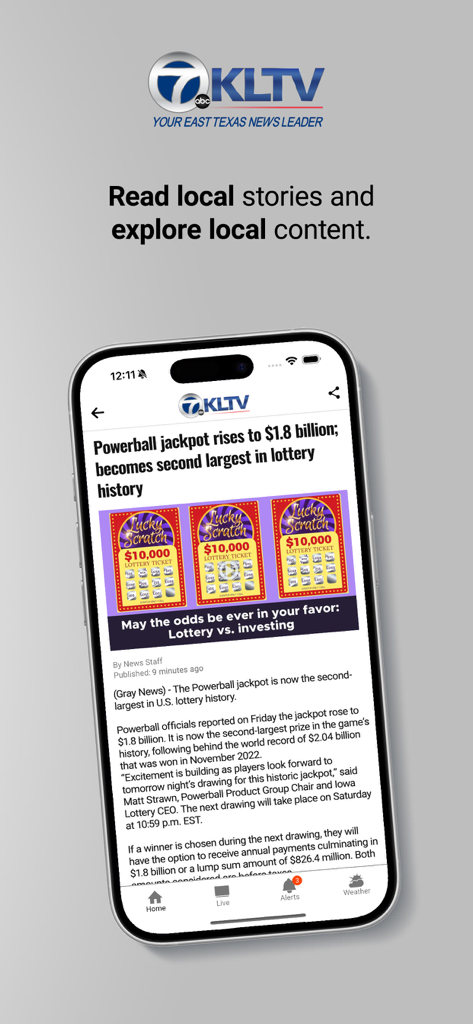 KLTV 7 East Texas News - Smartphone screen displaying a local news article in the KLTV 7 East Texas News app