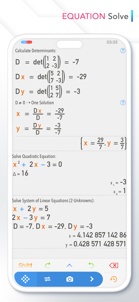 Calculator Hashtag app interface showing matrix determinants and quadratic equation solutions