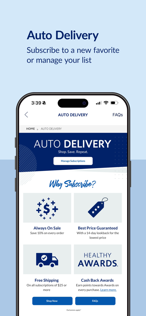 Auto Delivery subscription page in The Vitamin Shoppe app showcasing discounts and rewards