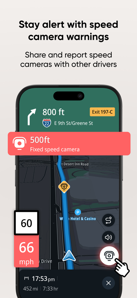 TomTom navigation app interface showing a speed camera alert and current speed limit