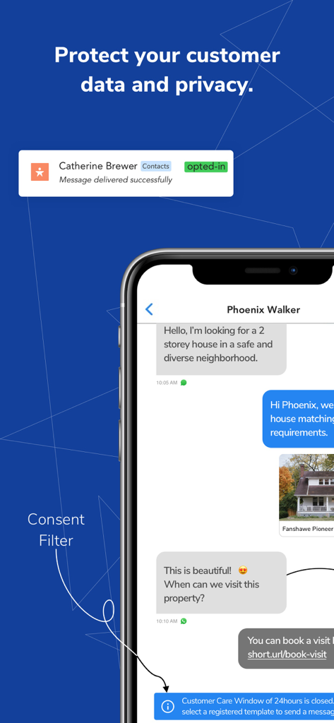 Aplicación móvil SMS-Magic que muestra la privacidad de los datos del cliente y las funciones de filtro de consentimiento dentro de un chat empresarial inmobiliario.