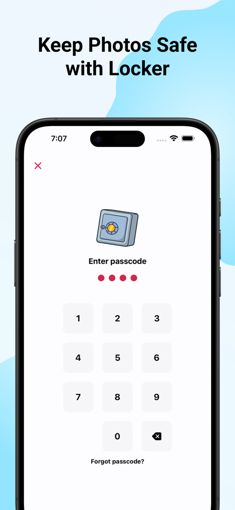 Gallery - Photo Locker - A mobile phone screen showing a secure photo locker with a passcode entry keypad and a safe icon.
