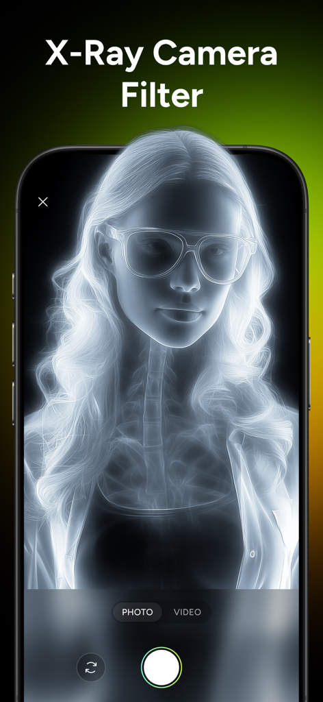 A smartphone displaying an X-ray camera filter effect on a portrait of a woman with glasses.