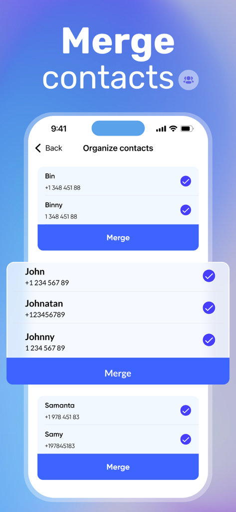 Screenshot of the Cleanup App showing how to merge duplicate contacts on an iPhone.