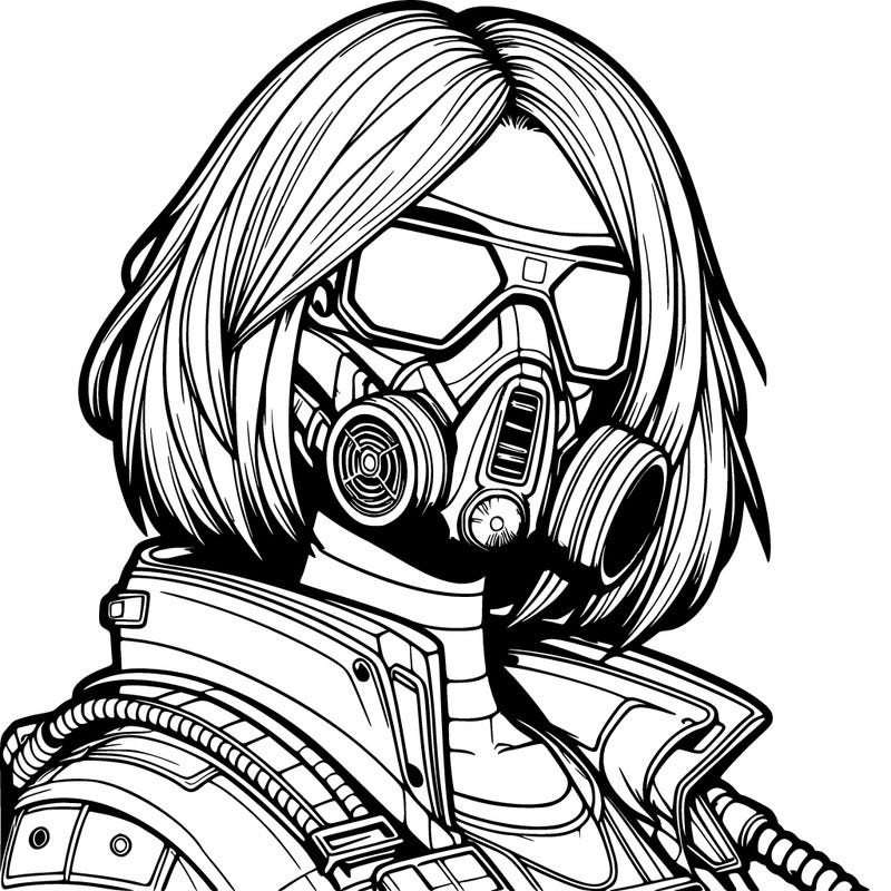 cyberpunk girl with sleek gas mask and shoulder length hair, realistic