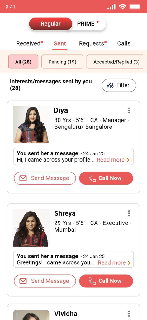DivorceeMatrimony - DivorceeMatrimony app interface showing sent messages and profiles of potential matches with details like age and profession