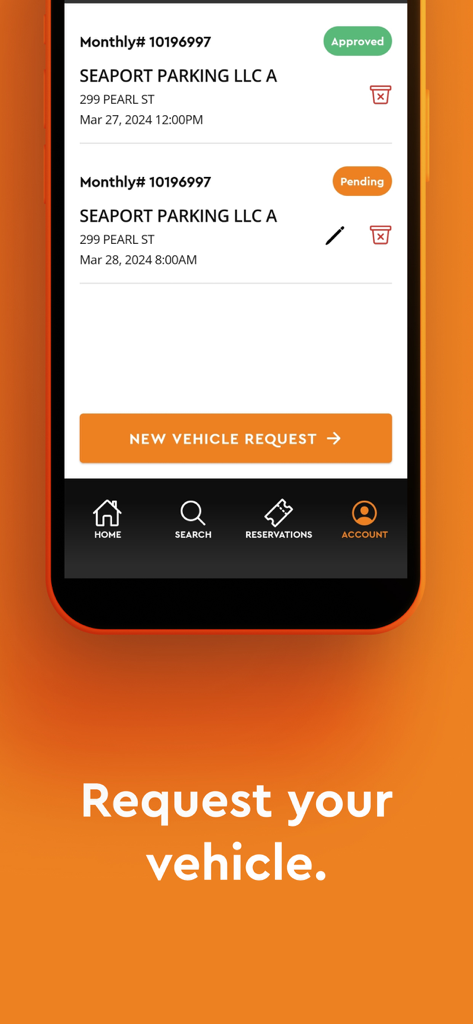 Tela do aplicativo Icon GO exibindo opções de solicitação de veículo para locais de estacionamento em Nova York.
