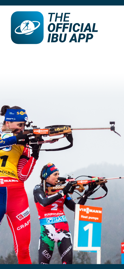 The Official IBU App logo above two biathletes at a shooting range during a winter competition.