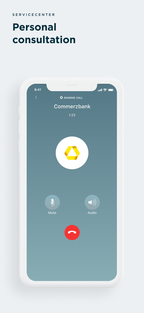 Commerzbank Banking - Commerzbank 앱의 개인 상담 뱅킹 통화 인터페이스 스크린샷이 스마트폰에 표시됨