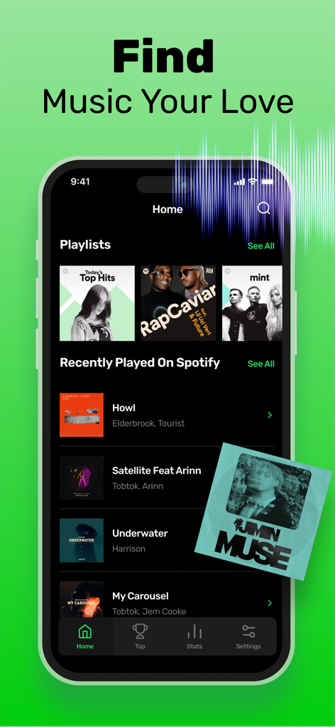 Mobile app interface for Stats for Spotify showing playlists and recently played music history.