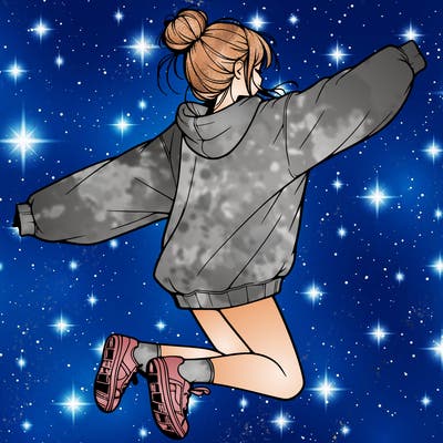 realistic girl jumping with a bun and oversized sweatshirt
