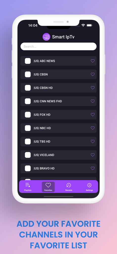 Smart IPTV app interface showing a personalized list of favorite TV channels on an iPhone screen.