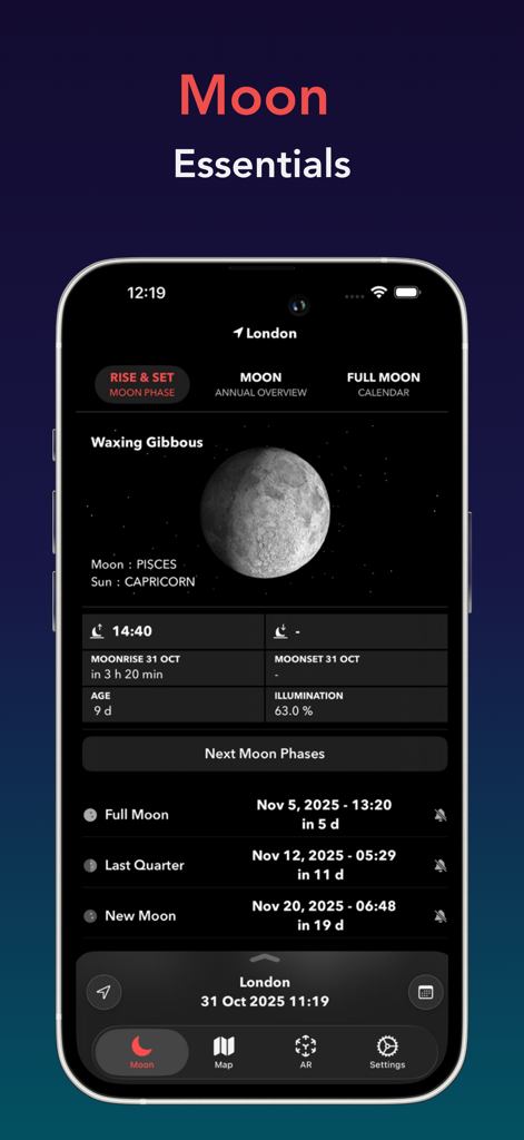 Moon Tracker - Moon Tracker mobile app interface displaying moon phase details, rise and set times, and a lunar calendar