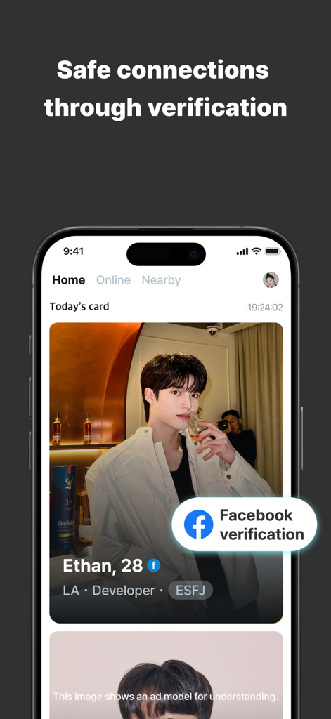 Noondate: Dating & Friends - Noondate app screen showing a verified male profile from Los Angeles with a Facebook verification badge for safe connections