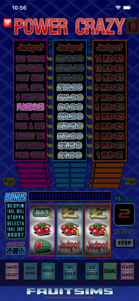 Power Crazy Fruit Machine Game - Gameplay screen of Power Crazy Fruit Machine showing the retro 3-reel slot and feature towers.
