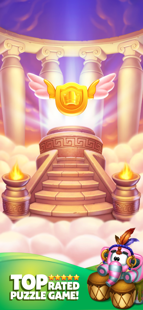 Toy Blastのトップ評価パズルゲーム画面。金色の翼のある王冠と、おもちゃの象のキャラクターが表示されている。