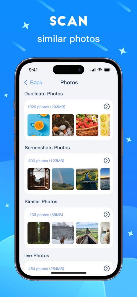 Super Cleaner - Space Clean - Super Cleanerアプリの画面。重複やスクリーンショットなどのスキャンされた写真カテゴリを表示し、ストレージスペースを解放します。