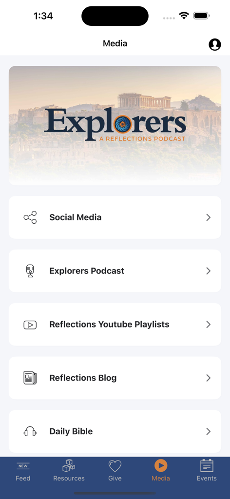 Reflections Ministries - Reflections Ministries app media screen displaying podcast, youtube playlists, blog, and bible resources