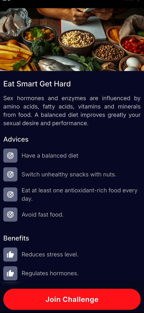 Kegel Trainer: Men's Health - A screen from the Kegel Trainer app providing dietary advice and benefits for men's sexual health and performance optimization