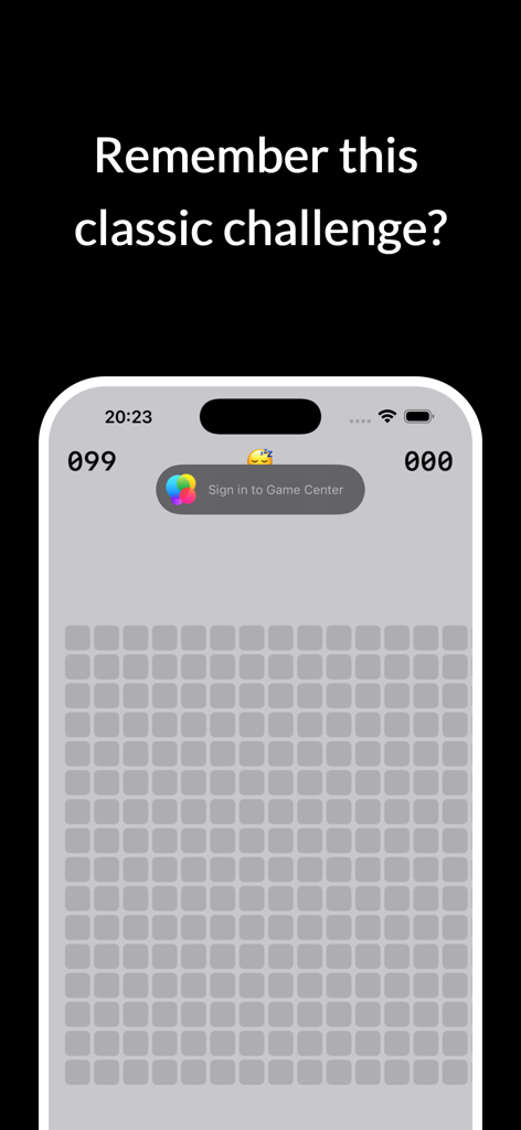 Minesweeper v1.0 - Captura de pantalla del iPhone de Minesweeper v1.0 mostrando una cuadrícula de casillas clásica y una indicación de desafío nostálgico