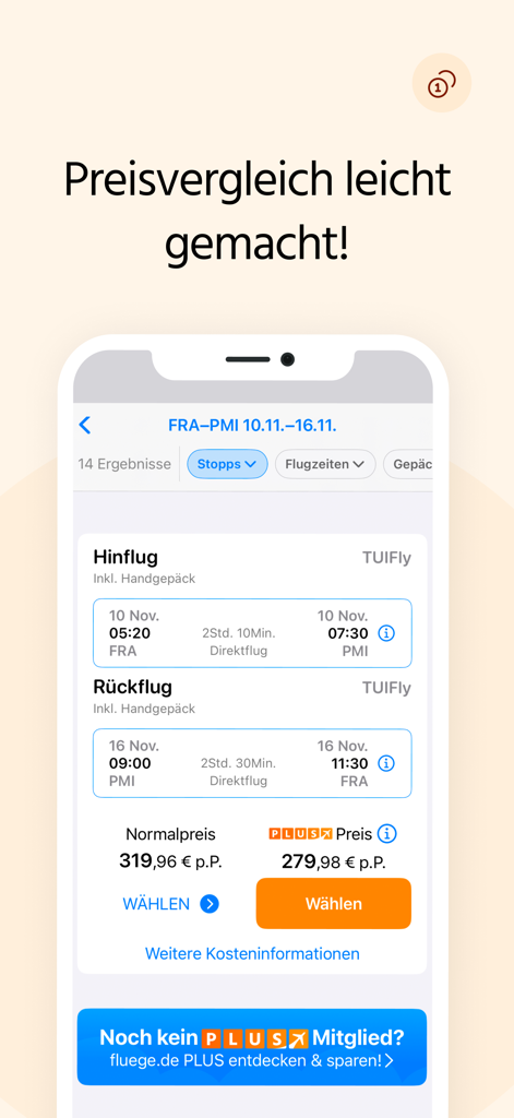 Bildschirm der mobilen Fluege.de App, der Flugsuchergebnisse mit Preisvergleich und Buchungsoptionen auf Deutsch anzeigt